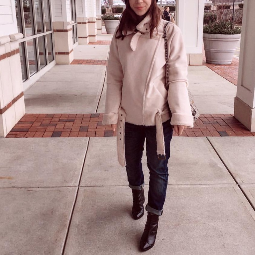 Blush suede moto jacket faux fur size med EUC